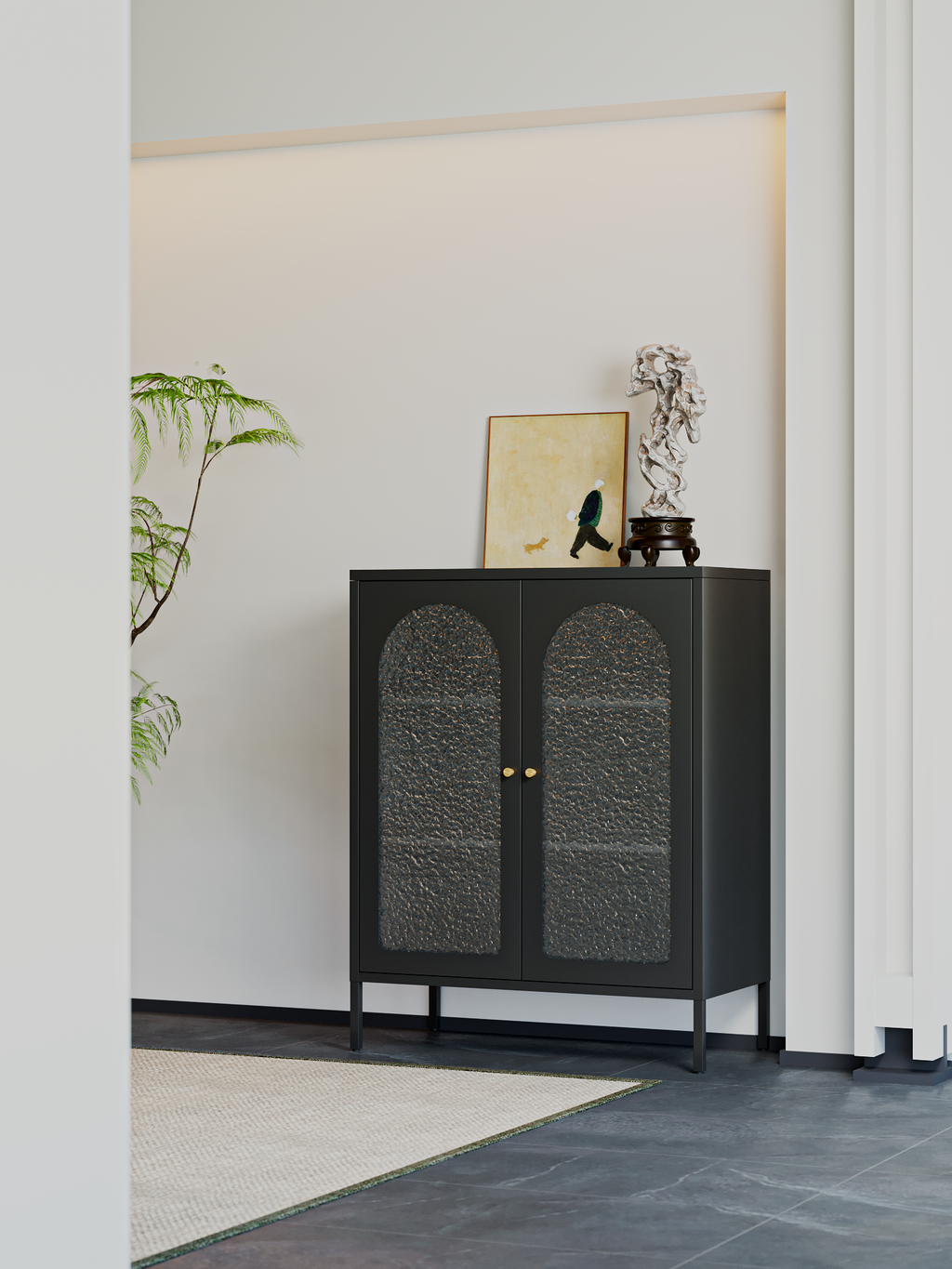 Deyu Modern White Metal Storage Cabinet with Arched Textured Glass Doors