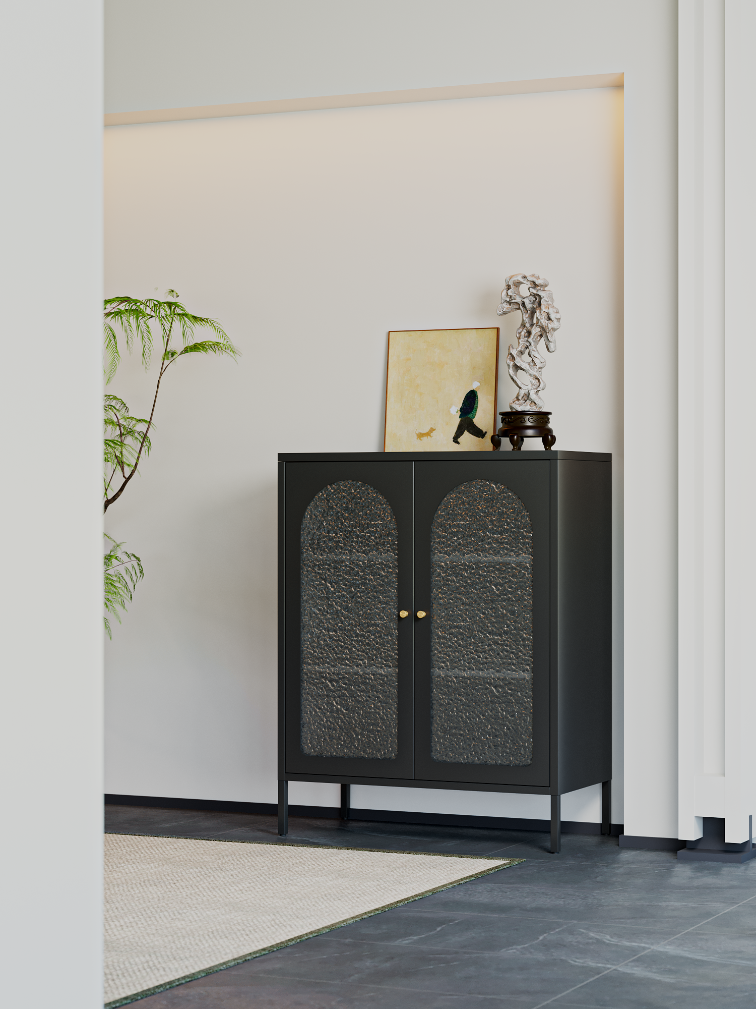 Deyu Modern White Metal Storage Cabinet with Arched Textured Glass Doors