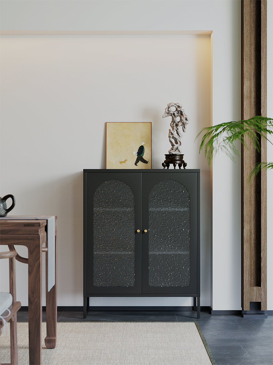 Deyu Modern White Metal Storage Cabinet with Arched Textured Glass Doors