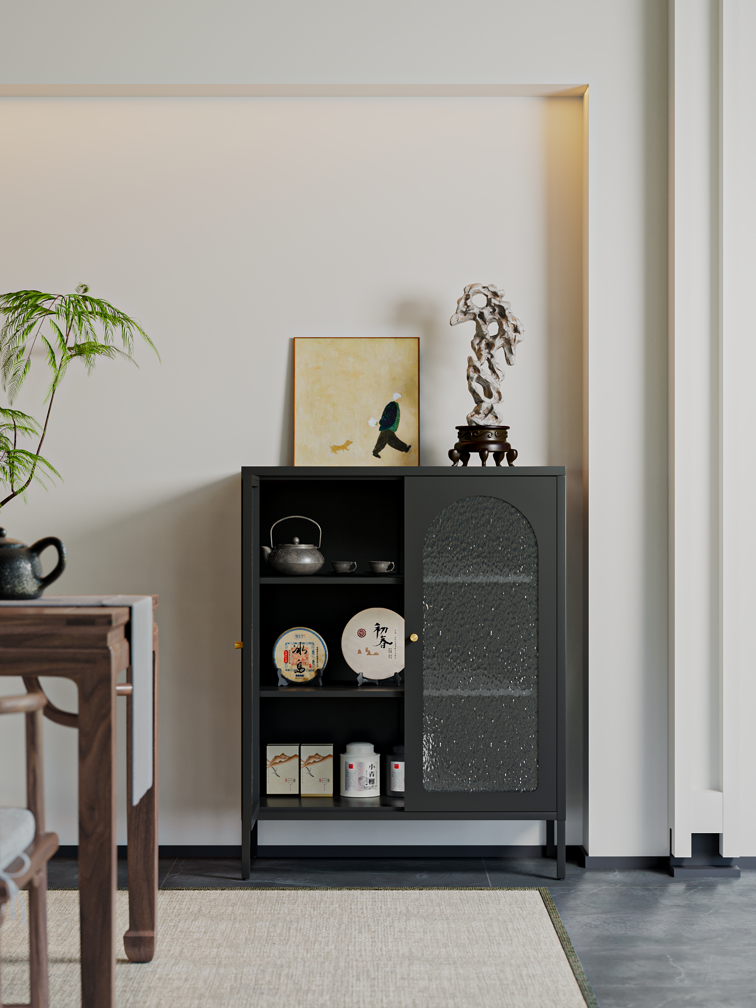 Deyu Modern White Metal Storage Cabinet with Arched Textured Glass Doors