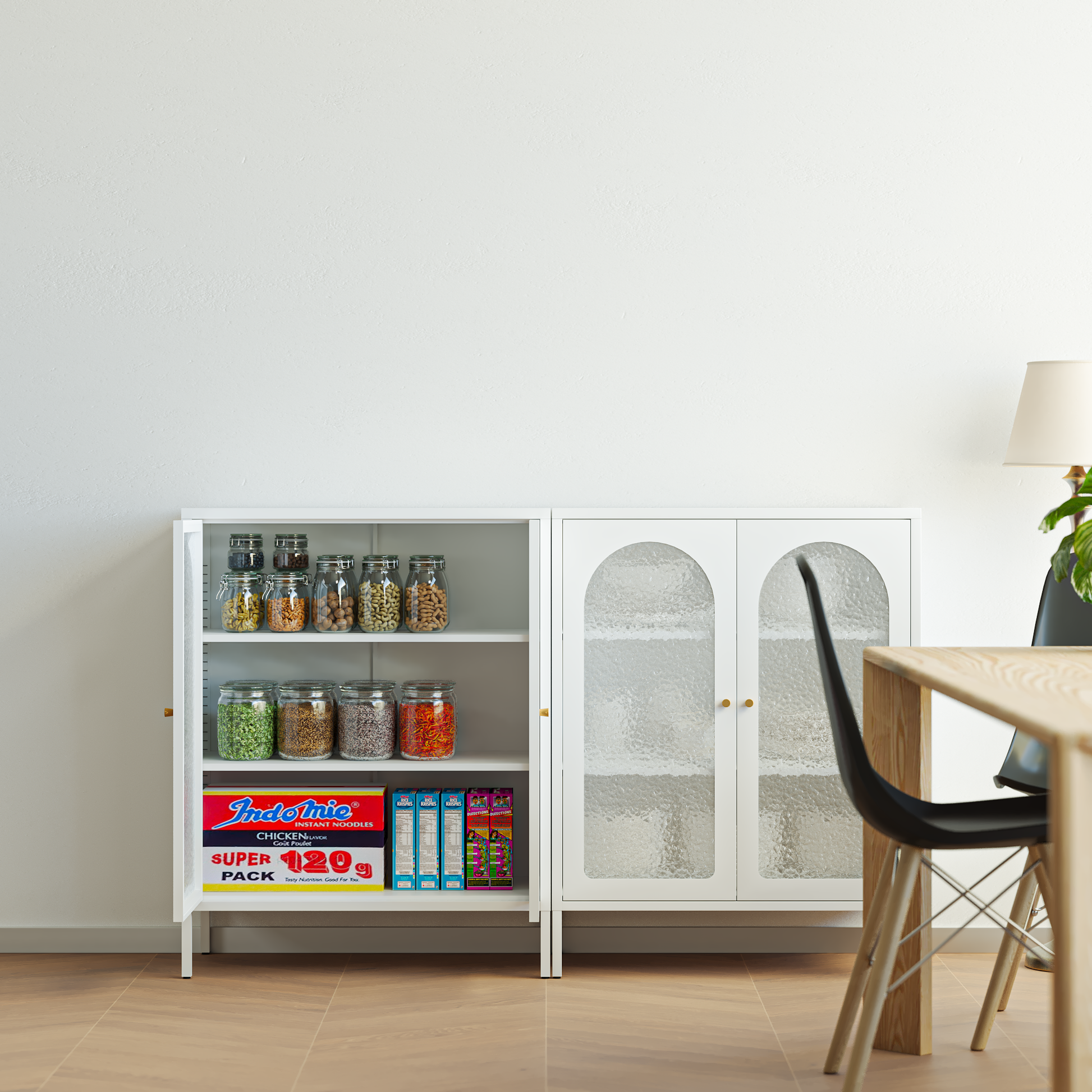 Deyu Modern White Metal Storage Cabinet with Arched Textured Glass Doors