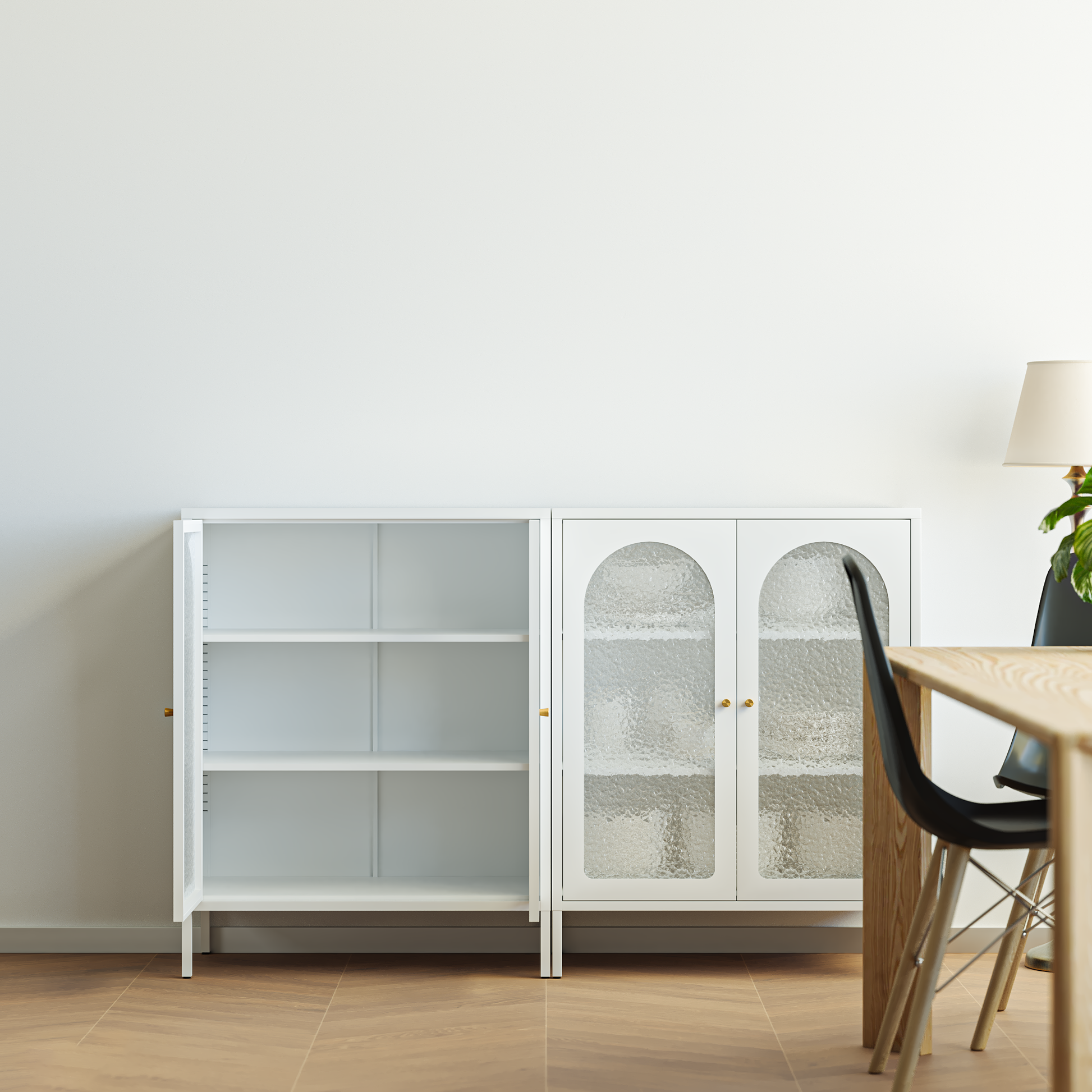 Deyu Modern White Metal Storage Cabinet with Arched Textured Glass Doors