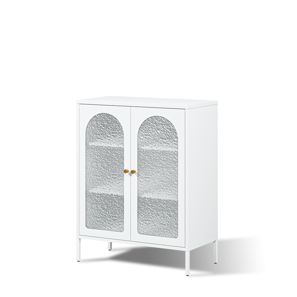 Deyu Modern White Metal Storage Cabinet with Arched Textured Glass Doors