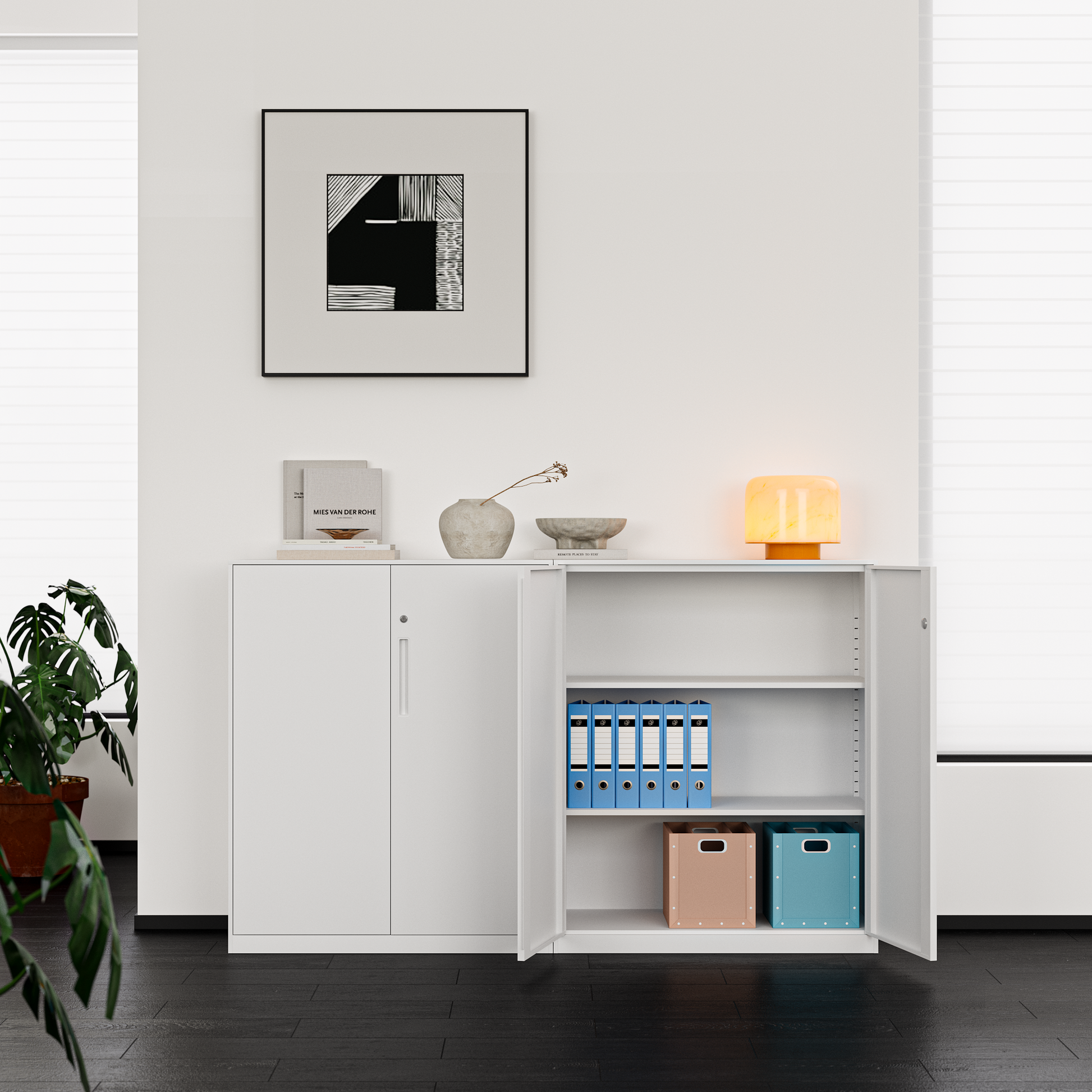 Deyu 2-Door Low Metal Storage Cabinet with Lock – White Steel Office Organizer