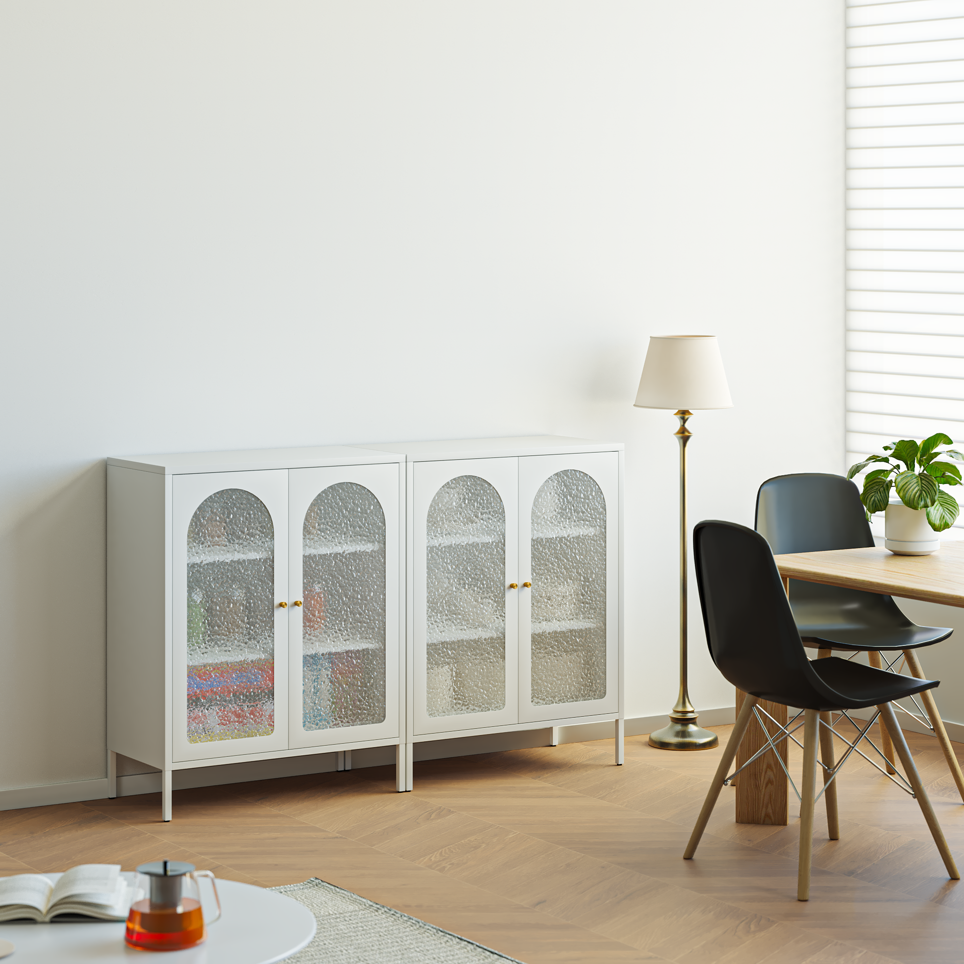 Deyu Modern White Metal Storage Cabinet with Arched Textured Glass Doors
